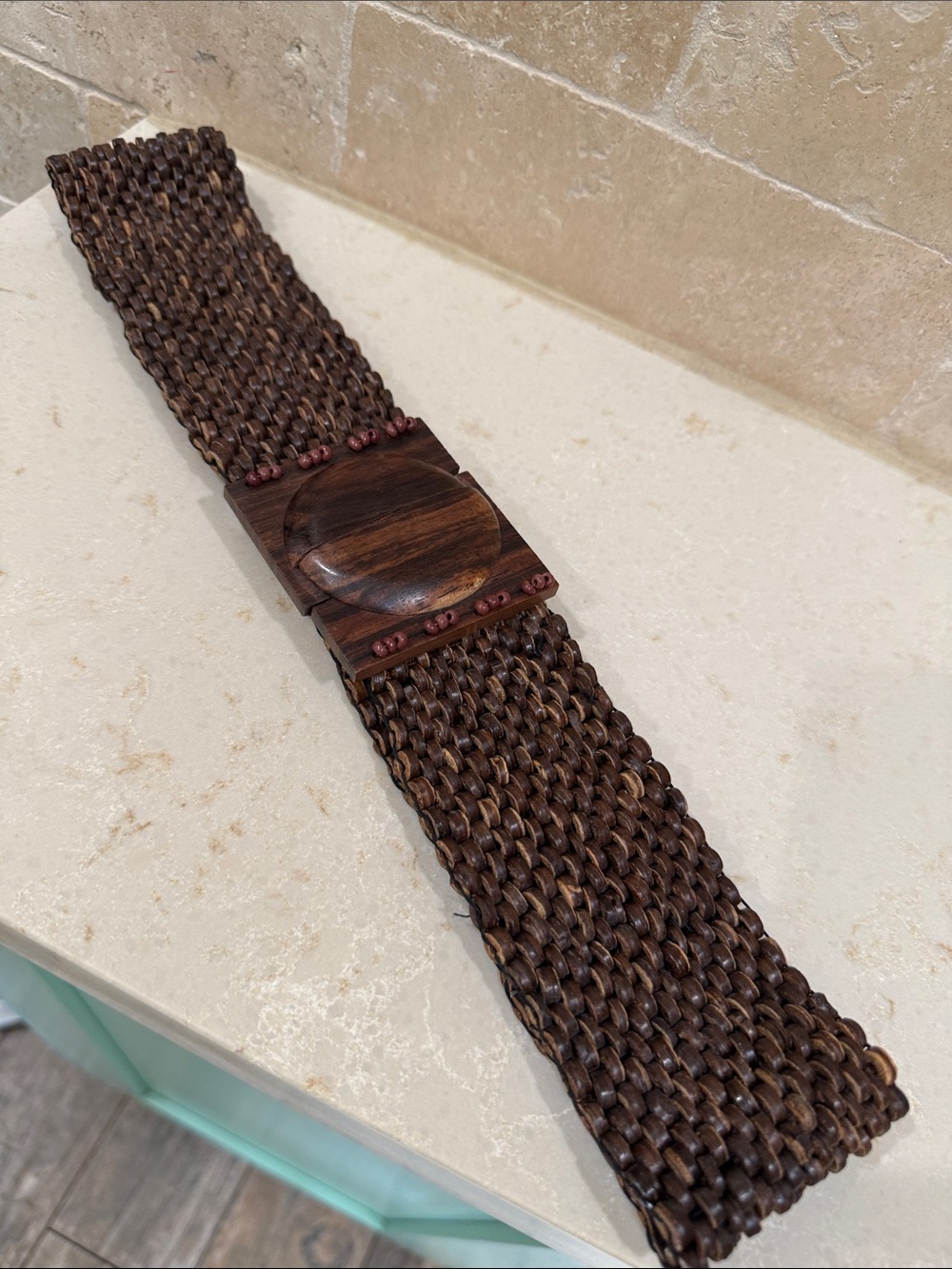 Woven Brown Women’s Adjustable Waist Belt With Wood Buckle